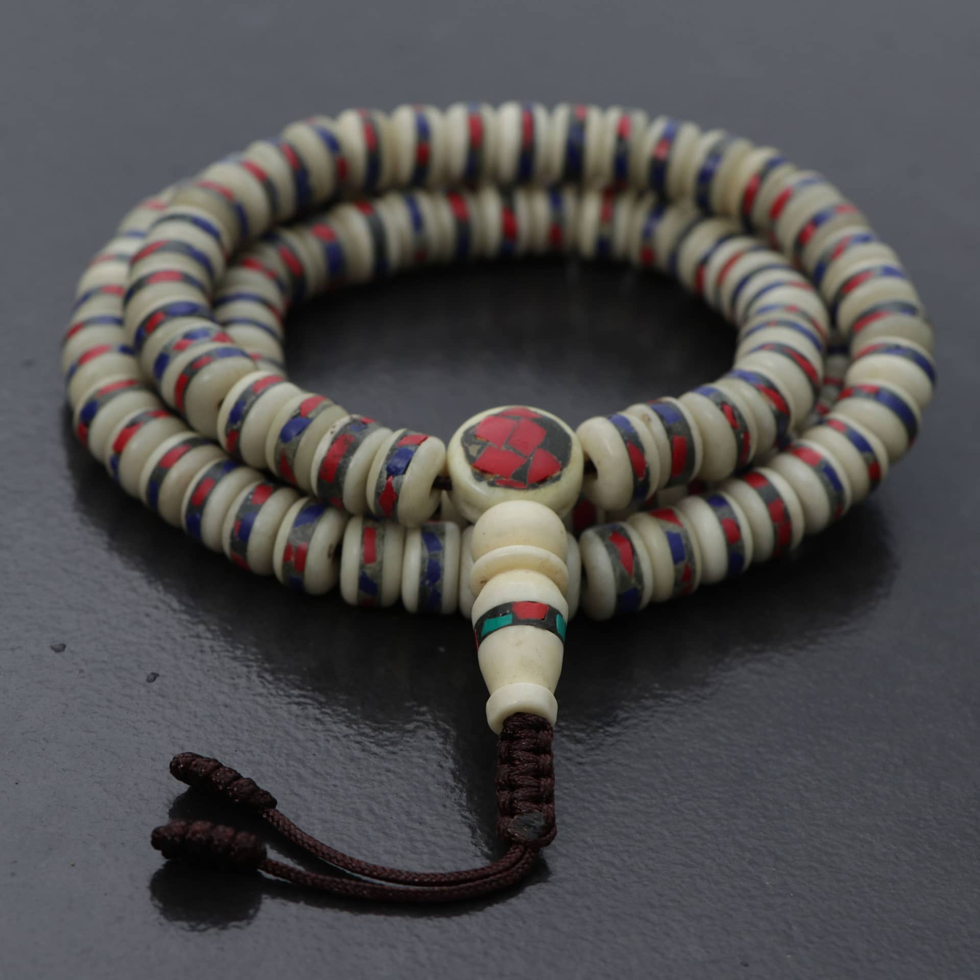 Bone w/Inlay Prayer Beads Mala - Nepal 12mm (NP544) - Happy Mango Beads