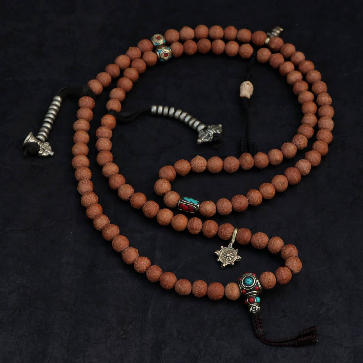 10.5 MM Phoenix Eye Nepali Bodhi Seed Mala With Mala Counter, Mala Clip,  and Inlaid Brass Beads